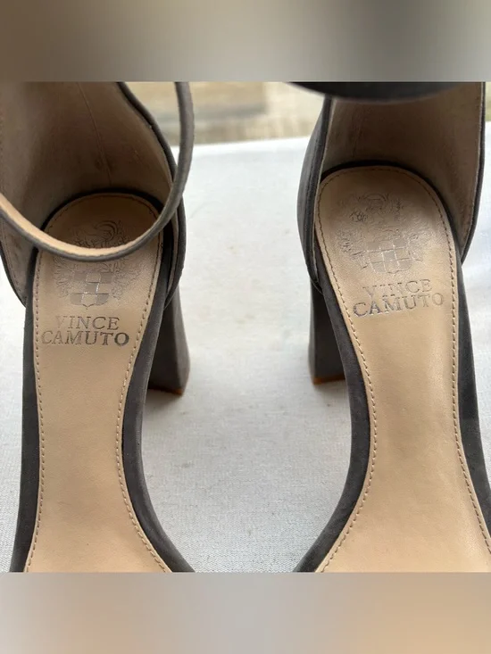 Vince Camuto Taupe Suede Ankle-Strap Block Heels - Picture 2 of 7
